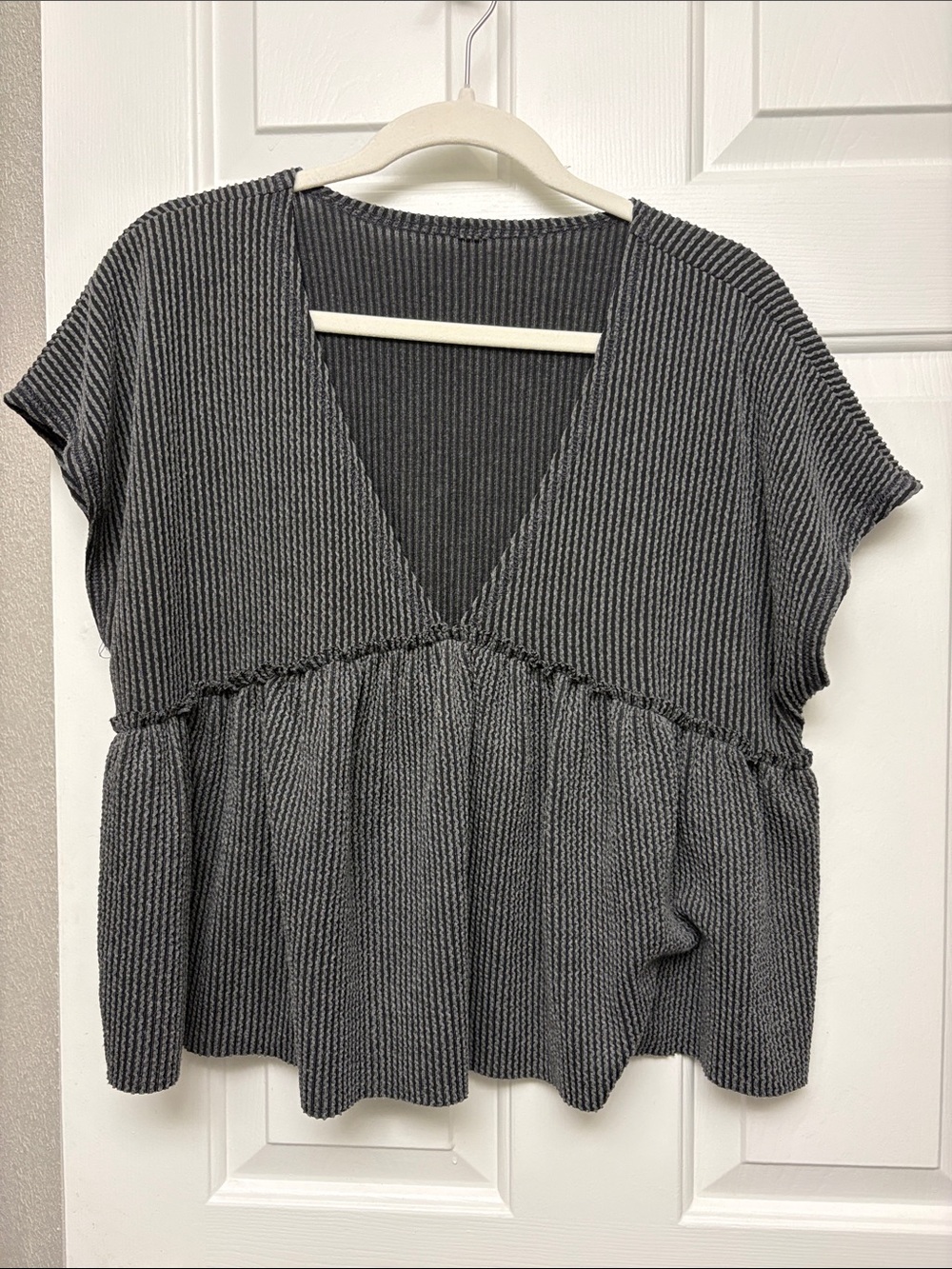 American Eagle Black and Gray Stripe V-Neck Peplum Top Size L
